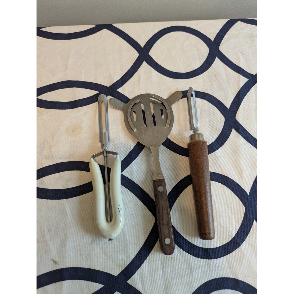 Vintage Kitchen Utensil Set 3pc Japan Stainless Strainer Wood Handle Peelers